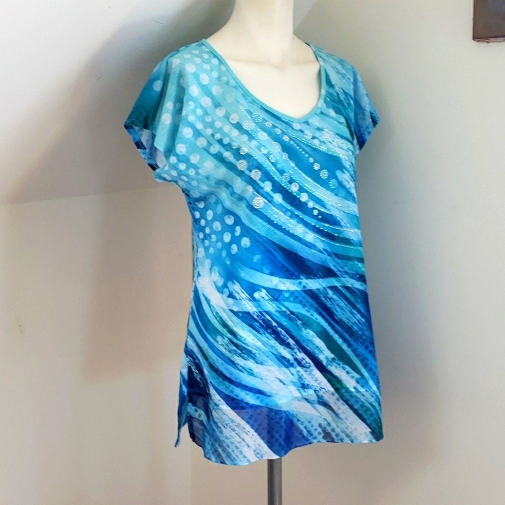 B.L.E.U Women's Top Turquoise Blue Embellished Crystals Cap Sleeve Long Top, M